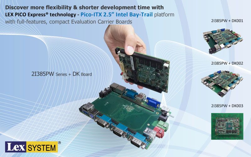 2I385PW - Discover more flexibility & shorter development time with LEX PICO Express technology - Pico-ITX 2.5" Intel Bay-Trail platform with full-features, compact Evaluation Carrier Boards